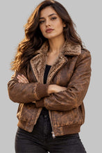 Load image into Gallery viewer, Front View of Women Stylish Distressed Brown Shearling Leather Jacket
