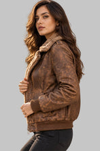 Load image into Gallery viewer, Side View of Women Stylish Distressed Brown Shearling Leather Jacket
