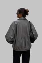 Load image into Gallery viewer, Back View of Women Stylish Gray Leather Oversized Bomber Jacket
