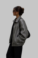 Load image into Gallery viewer, Side View of Women Stylish Gray Leather Oversized Bomber Jacket
