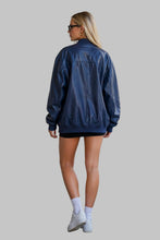 Load image into Gallery viewer, Back View of Women Stylish Navy Blue Oversized Leather Bomber Jacket
