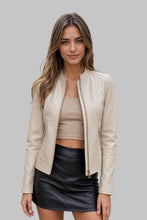 Load image into Gallery viewer, Front View of Women Trendy Cream Leather Cafe Racer Jacket
