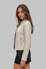 Load image into Gallery viewer, Side View of Women Trendy Cream Leather Cafe Racer Jacket
