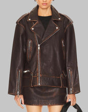 Load image into Gallery viewer, Women Trendy Distressed Brown Oversized Leather Jacket
