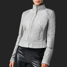 Load image into Gallery viewer, Women Trendy Gray Leather Moto Jacket
