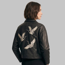 Load image into Gallery viewer, Women's Black Crane Embroidered Leather Jacket
