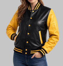 Load image into Gallery viewer, Women's Black and Yellow Leather Varsity Jacket

