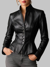 Load image into Gallery viewer, Front View of Women's Fitted Black Leather Peplum Jacket
