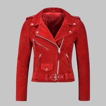 Load image into Gallery viewer, Women's Stylish Red Suede Leather Moto Jacket
