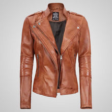 Load image into Gallery viewer, Women’s Tan Leather Biker Jacket – Classic 1950s Style
