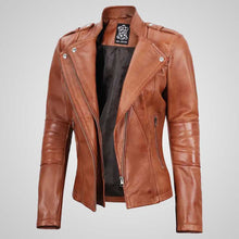 Load image into Gallery viewer, Women’s Tan Leather Biker Jacket – Classic 1950s Style
