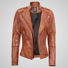Load image into Gallery viewer, Women’s Tan Leather Biker Jacket – Classic 1950s Style
