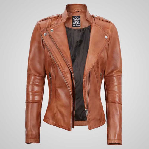 Women’s Tan Leather Biker Jacket – Classic 1950s Style