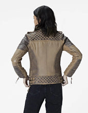 Load image into Gallery viewer, Womens Beige Leather Cafe Racer Jacket with Stylish Gray Quilted Accents
