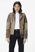 Load image into Gallery viewer, Womens Beige Leather Cafe Racer Jacket with Stylish Gray Quilted Accents
