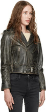 Load image into Gallery viewer, Womens Black Distressed Biker Leather Jacket with Asymmetrical Zip
