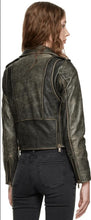 Load image into Gallery viewer, Womens Black Distressed Biker Leather Jacket with Asymmetrical Zip
