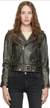 Load image into Gallery viewer, Womens Black Distressed Biker Leather Jacket with Asymmetrical Zip
