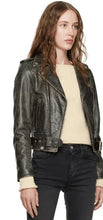 Load image into Gallery viewer, Womens Black Distressed Biker Leather Jacket with Asymmetrical Zip
