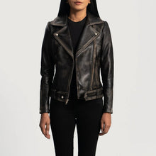 Load image into Gallery viewer, Womens Black Distressed Leather Biker Jacket
