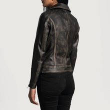 Load image into Gallery viewer, Womens Black Distressed Leather Biker Jacket
