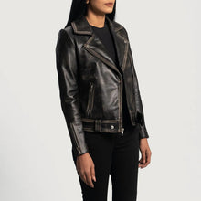 Load image into Gallery viewer, Womens Black Distressed Leather Biker Jacket
