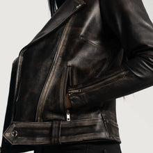 Load image into Gallery viewer, Womens Black Distressed Leather Biker Jacket
