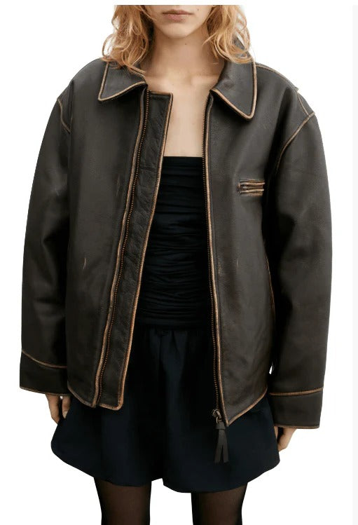 Womens Dark Brown Distressed Vintage Leather Jacket