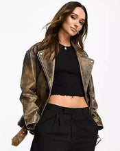 Load image into Gallery viewer, Women&#39;s Distressed Biker Leather Jacket with Belt
