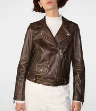 Load image into Gallery viewer, Women&#39;s Distressed Brown Leather Moto Jacket
