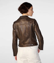 Load image into Gallery viewer, Women&#39;s Distressed Brown Leather Moto Jacket
