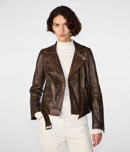 Load image into Gallery viewer, Women&#39;s Distressed Brown Leather Moto Jacket
