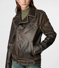 Load image into Gallery viewer, Women&#39;s Oversized Distressed Leather Moto Jacket
