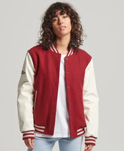 Load image into Gallery viewer, Women’s Red Varsity Leather Jacket With White Sleeves
