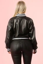 Load image into Gallery viewer, Women&#39;s Solid Black Pu Leather Varsity Jacket
