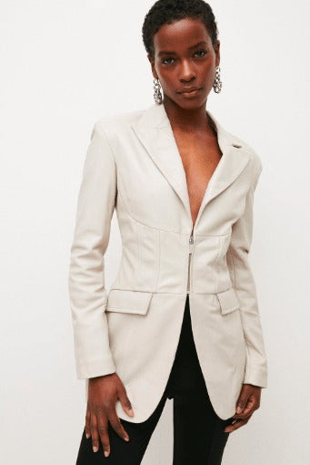 Women’s White Leather Blazer with Zipper Closure