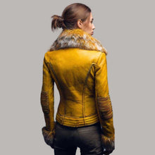Load image into Gallery viewer, Yellow Leather Biker Jacket with Real Fur Collar and Trim
