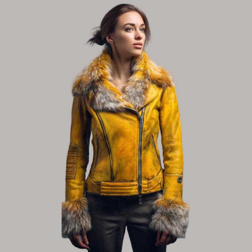 Yellow Leather Biker Jacket with Real Fur Collar and Trim
