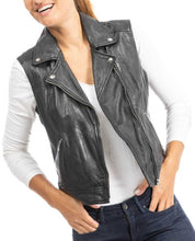 Load image into Gallery viewer, Women’s Asymmetric Black Lambskin Leather Vest
