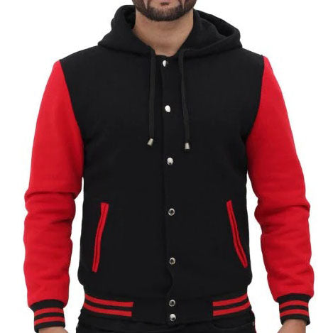 Trendy Red and Black Baseball Hooded Varsity Jacket