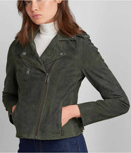 Load image into Gallery viewer, best womens olive suede leather biker jacket
