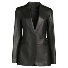 Load image into Gallery viewer, Women's Black Lambskin Leather Peplum Blazer with Wide Notch Lapel in Slim Fit Style
