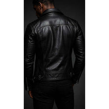 Load image into Gallery viewer, Men's Black Genuine Leather Motorcycle Jacket with Waist Belt Cafe Racer Biker Style
