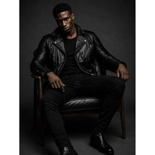Load image into Gallery viewer, Men's Black Genuine Leather Motorcycle Jacket with Waist Belt Cafe Racer Biker Style
