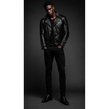 Load image into Gallery viewer, Men's Black Genuine Leather Motorcycle Jacket with Waist Belt Cafe Racer Biker Style
