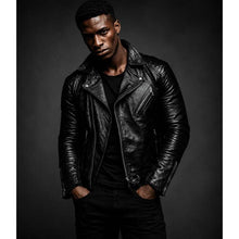 Load image into Gallery viewer, Men's Black Genuine Leather Motorcycle Jacket with Waist Belt Cafe Racer Biker Style
