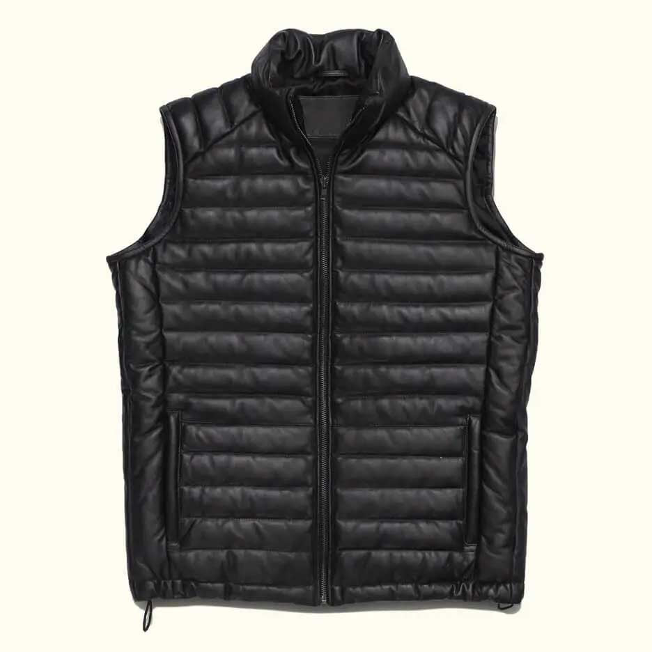 Black Men’s Leather Puffer Vest