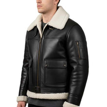 Load image into Gallery viewer, Men Black Sheepskin Aviator Jacket With Faux Fur Collar In Biker Style
