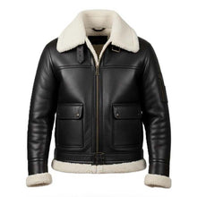 Load image into Gallery viewer, Men Black Sheepskin Aviator Jacket With Faux Fur Collar In Biker Style
