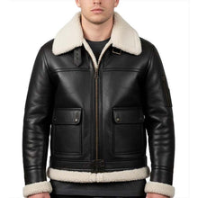 Load image into Gallery viewer, Men Black Sheepskin Aviator Jacket With Faux Fur Collar In Biker Style

